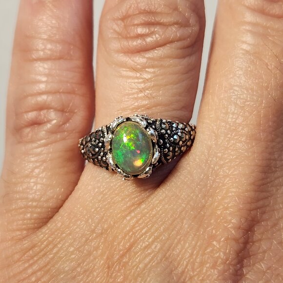 VTG 4.31g 925 Natural Ethiopian Welo Fire Opal W/ Marcasite Ring Sz 6 - Picture 14 of 15